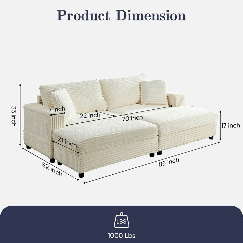Divano a due posti in velluto a coste Mixoy da 85'' con chaise longue con contenitore e braccioli, poltrona reclinabile imbottita a 2 posti per interni