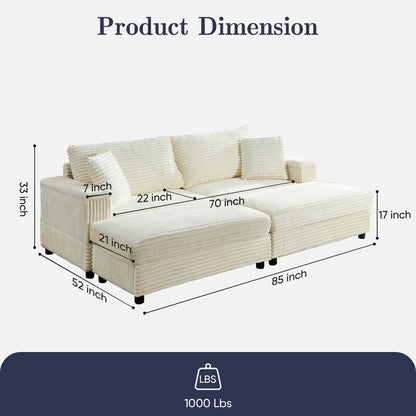 Divano a due posti in velluto a coste Mixoy da 85'' con chaise longue con contenitore e braccioli, poltrona reclinabile imbottita a 2 posti per interni