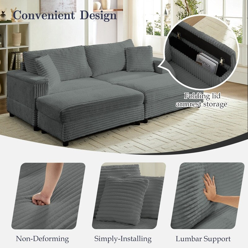 Divano a due posti in velluto a coste Mixoy da 85'' con chaise longue con contenitore e braccioli, poltrona reclinabile imbottita a 2 posti per interni