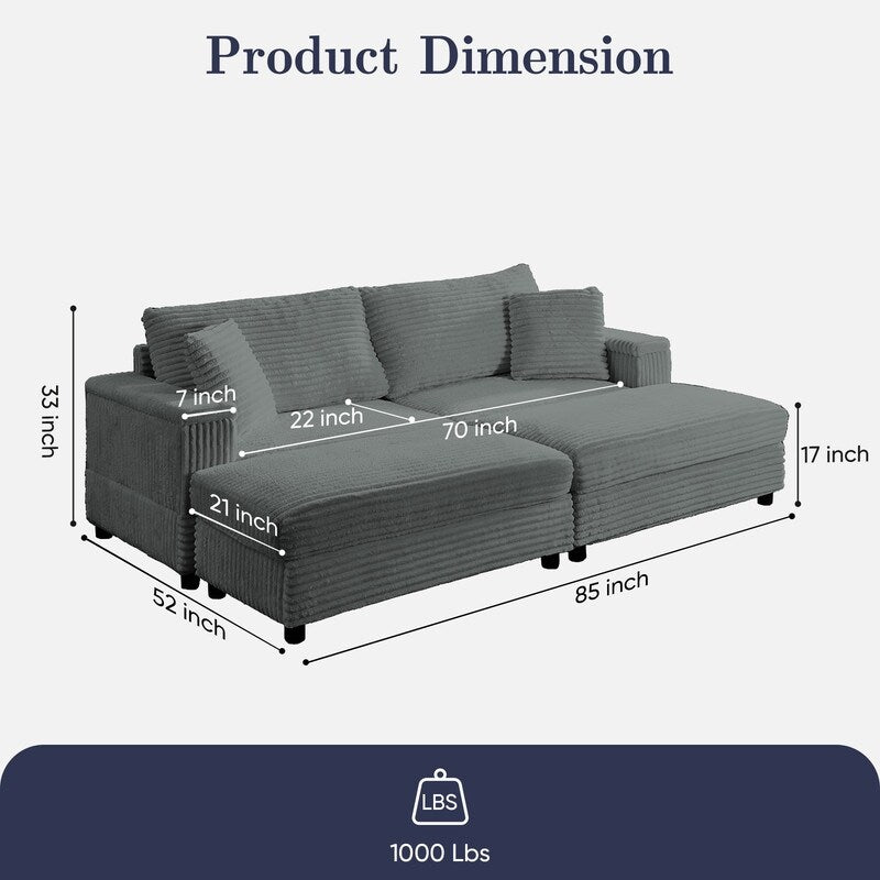 Divano a due posti in velluto a coste Mixoy da 85'' con chaise longue con contenitore e braccioli, poltrona reclinabile imbottita a 2 posti per interni