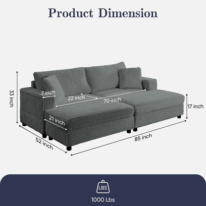 Divano a due posti in velluto a coste Mixoy da 85'' con chaise longue con contenitore e braccioli, poltrona reclinabile imbottita a 2 posti per interni