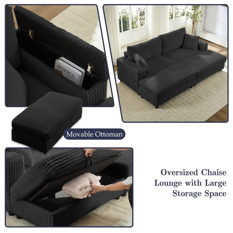 Divano a due posti in velluto a coste Mixoy da 85'' con chaise longue con contenitore e braccioli, poltrona reclinabile imbottita a 2 posti per interni