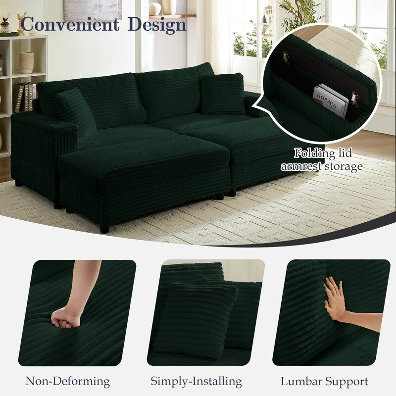 Divano a due posti in velluto a coste Mixoy da 85'' con chaise longue con contenitore e braccioli, poltrona reclinabile imbottita a 2 posti per interni