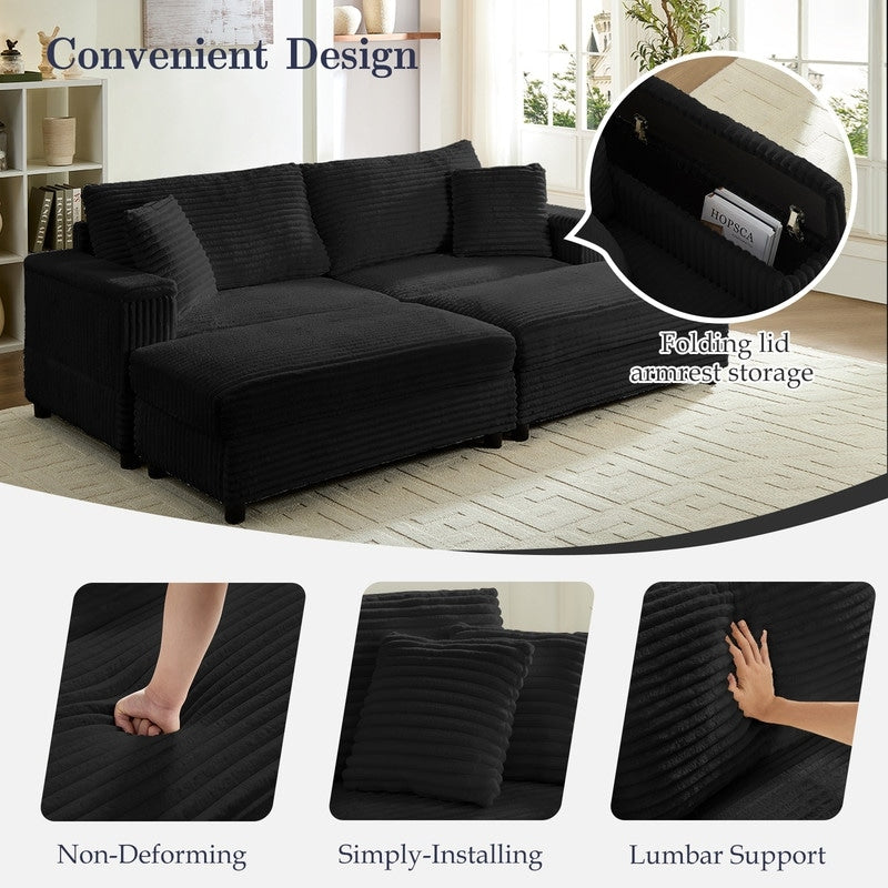 Divano a due posti in velluto a coste Mixoy da 85'' con chaise longue con contenitore e braccioli, poltrona reclinabile imbottita a 2 posti per interni