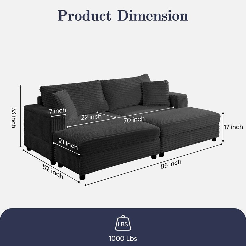 Divano a due posti in velluto a coste Mixoy da 85'' con chaise longue con contenitore e braccioli, poltrona reclinabile imbottita a 2 posti per interni