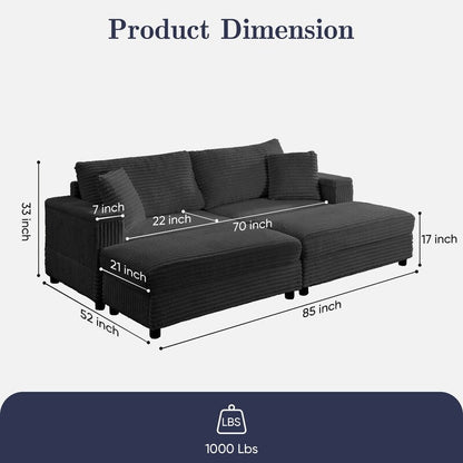 Divano a due posti in velluto a coste Mixoy da 85'' con chaise longue con contenitore e braccioli, poltrona reclinabile imbottita a 2 posti per interni