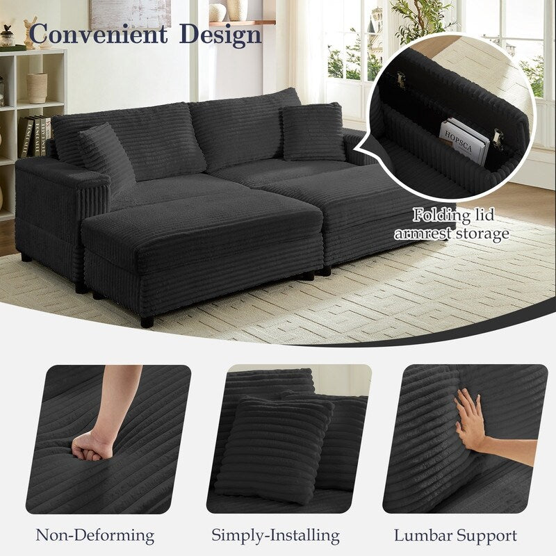 Divano a due posti in velluto a coste Mixoy da 85'' con chaise longue con contenitore e braccioli, poltrona reclinabile imbottita a 2 posti per interni