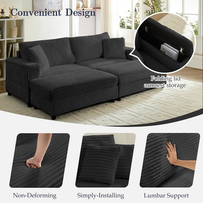 Divano a due posti in velluto a coste Mixoy da 85'' con chaise longue con contenitore e braccioli, poltrona reclinabile imbottita a 2 posti per interni