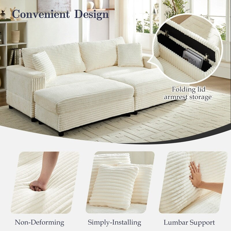 Divano a due posti in velluto a coste Mixoy da 85'' con chaise longue con contenitore e braccioli, poltrona reclinabile imbottita a 2 posti per interni