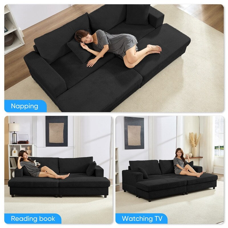 Divano letto Mixoy Corduroy Comfy Chaise Longue con seduta profonda e pouf contenitore, divano imbottito a 1 posto/divano a due posti