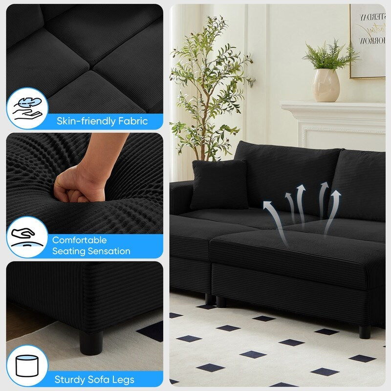 Divano letto Mixoy Corduroy Comfy Chaise Longue con seduta profonda e pouf contenitore, divano imbottito a 1 posto/divano a due posti