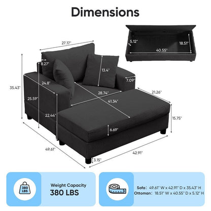 Divano letto Mixoy Corduroy Comfy Chaise Longue con seduta profonda e pouf contenitore, divano imbottito a 1 posto/divano a due posti