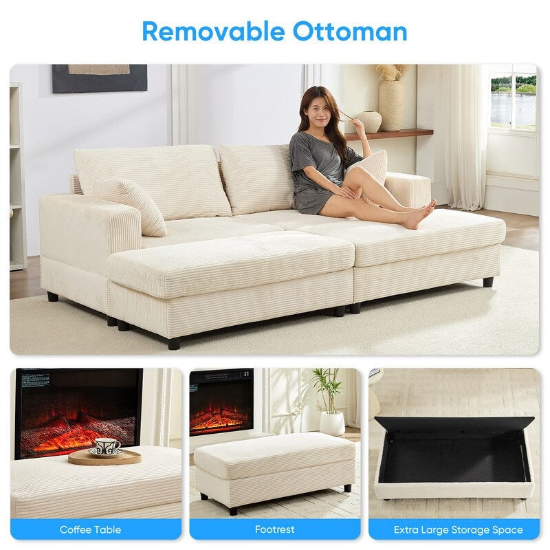 Divano letto Mixoy Corduroy Comfy Chaise Longue con seduta profonda e pouf contenitore, divano imbottito a 1 posto/divano a due posti