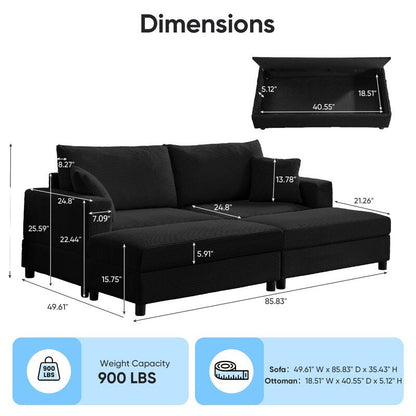 Divano letto Mixoy Corduroy Comfy Chaise Longue con seduta profonda e pouf contenitore, divano imbottito a 1 posto/divano a due posti