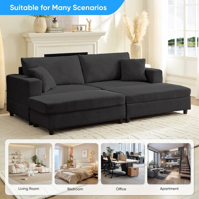 Divano letto Mixoy Corduroy Comfy Chaise Longue con seduta profonda e pouf contenitore, divano imbottito a 1 posto/divano a due posti