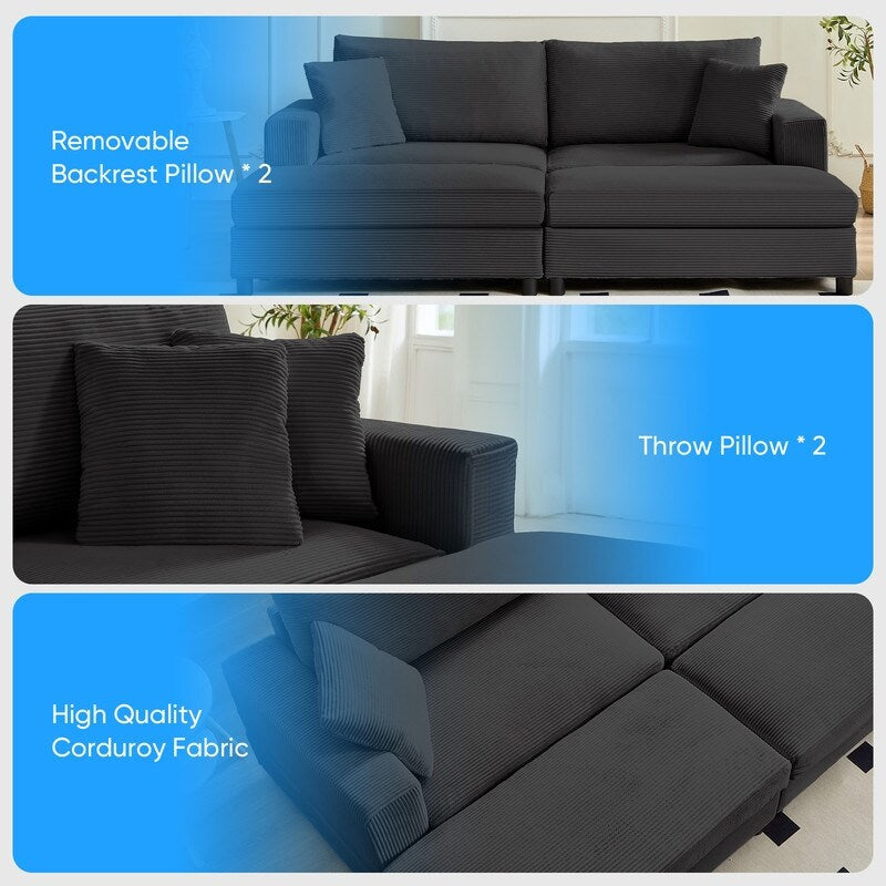 Divano letto Mixoy Corduroy Comfy Chaise Longue con seduta profonda e pouf contenitore, divano imbottito a 1 posto/divano a due posti