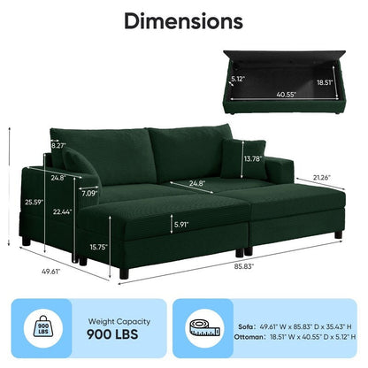 Divano letto Mixoy Corduroy Comfy Chaise Longue con seduta profonda e pouf contenitore, divano imbottito a 1 posto/divano a due posti