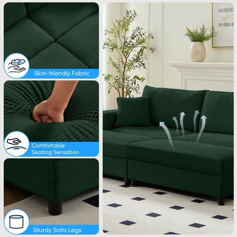 Divano letto Mixoy Corduroy Comfy Chaise Longue con seduta profonda e pouf contenitore, divano imbottito a 1 posto/divano a due posti