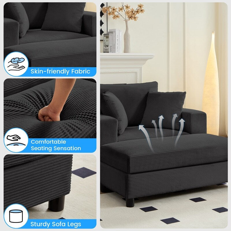 Divano letto Mixoy Corduroy Comfy Chaise Longue con seduta profonda e pouf contenitore, divano imbottito a 1 posto/divano a due posti
