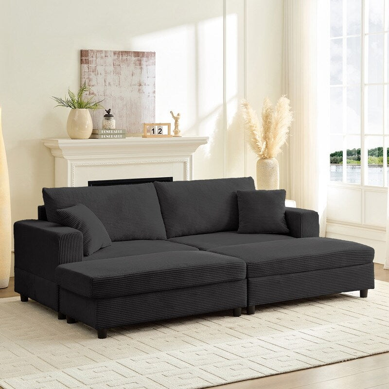 Divano letto Mixoy Corduroy Comfy Chaise Longue con seduta profonda e pouf contenitore, divano imbottito a 1 posto/divano a due posti