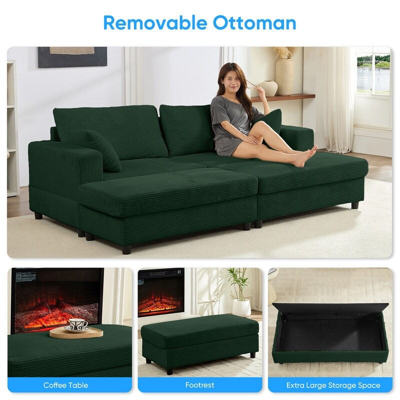 Divano letto Mixoy Corduroy Comfy Chaise Longue con seduta profonda e pouf contenitore, divano imbottito a 1 posto/divano a due posti