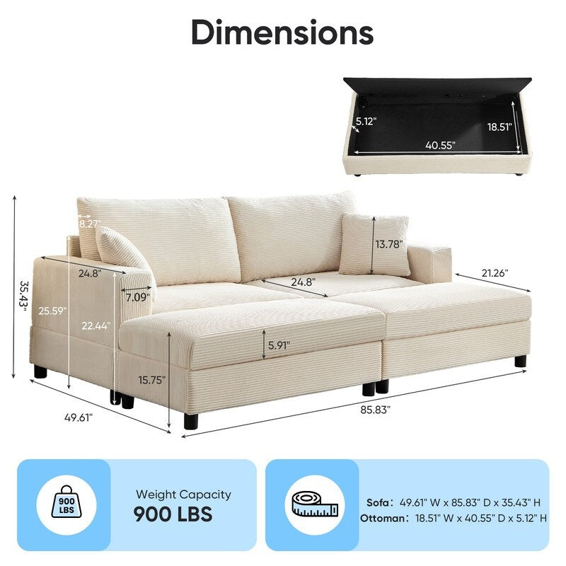 Divano letto Mixoy Corduroy Comfy Chaise Longue con seduta profonda e pouf contenitore, divano imbottito a 1 posto/divano a due posti