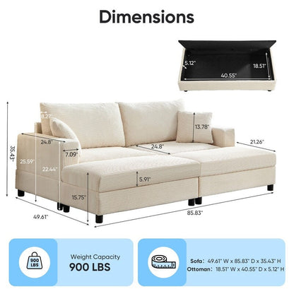 Divano letto Mixoy Corduroy Comfy Chaise Longue con seduta profonda e pouf contenitore, divano imbottito a 1 posto/divano a due posti