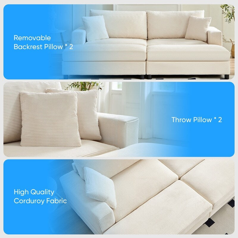 Divano letto Mixoy Corduroy Comfy Chaise Longue con seduta profonda e pouf contenitore, divano imbottito a 1 posto/divano a due posti