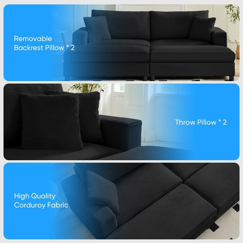 Divano letto Mixoy Corduroy Comfy Chaise Longue con seduta profonda e pouf contenitore, divano imbottito a 1 posto/divano a due posti