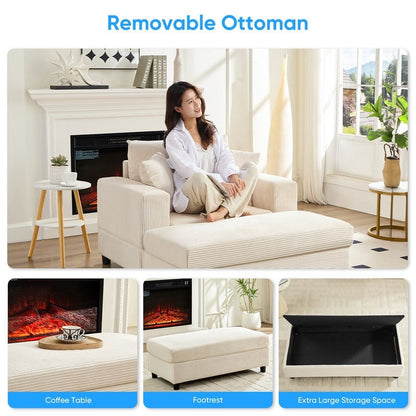 Divano letto Mixoy Corduroy Comfy Chaise Longue con seduta profonda e pouf contenitore, divano imbottito a 1 posto/divano a due posti