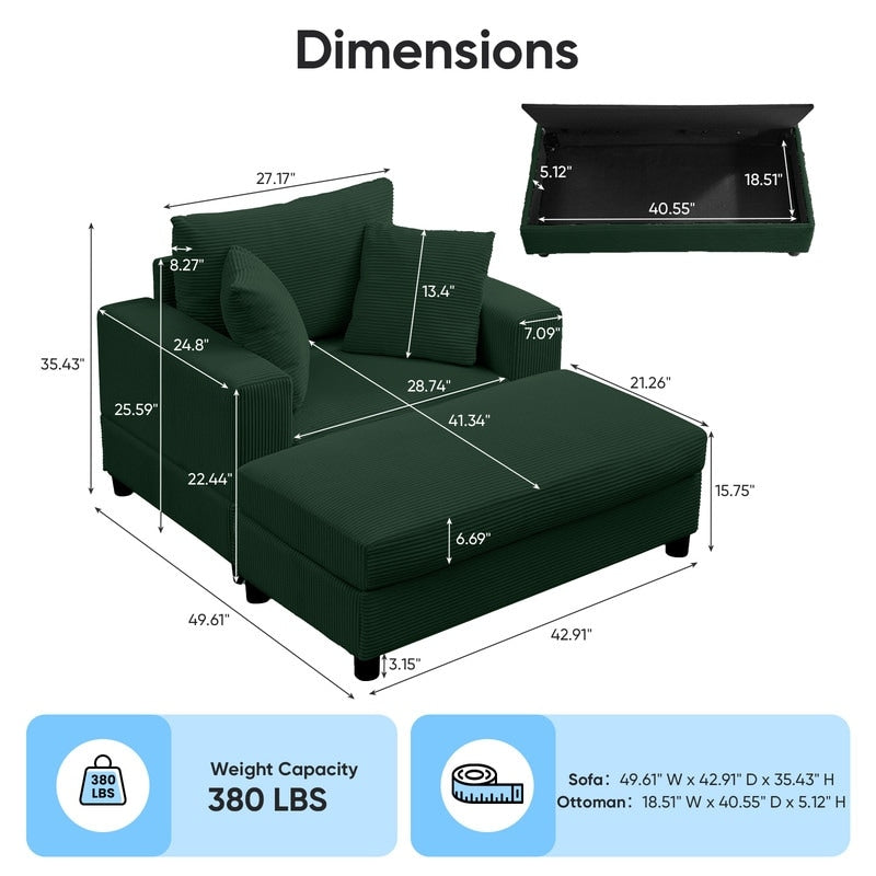 Divano letto Mixoy Corduroy Comfy Chaise Longue con seduta profonda e pouf contenitore, divano imbottito a 1 posto/divano a due posti