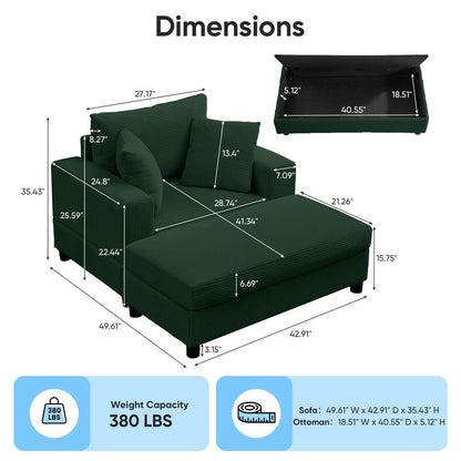 Divano letto Mixoy Corduroy Comfy Chaise Longue con seduta profonda e pouf contenitore, divano imbottito a 1 posto/divano a due posti
