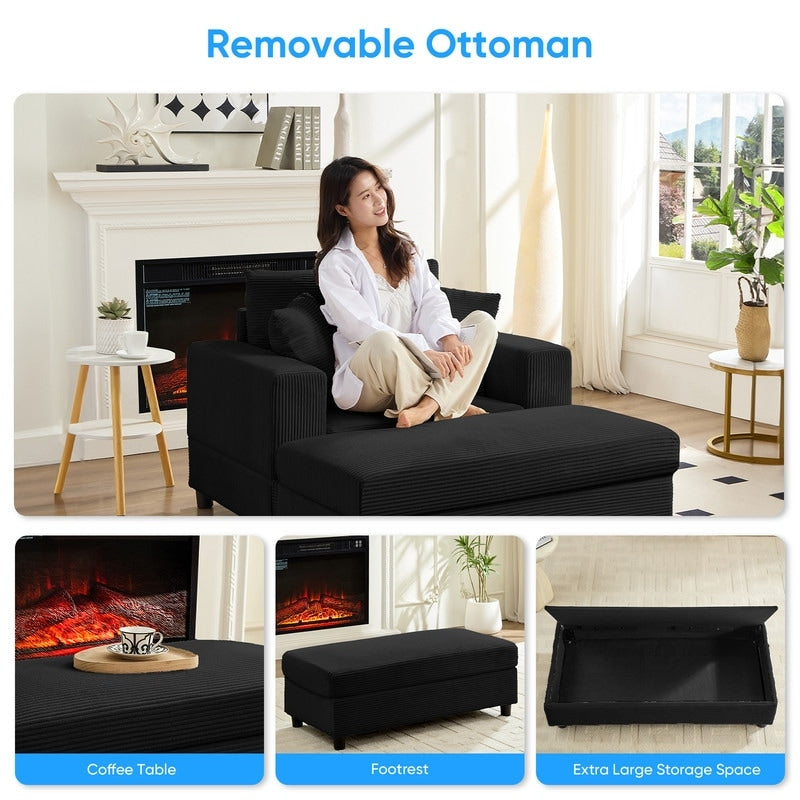 Divano letto Mixoy Corduroy Comfy Chaise Longue con seduta profonda e pouf contenitore, divano imbottito a 1 posto/divano a due posti