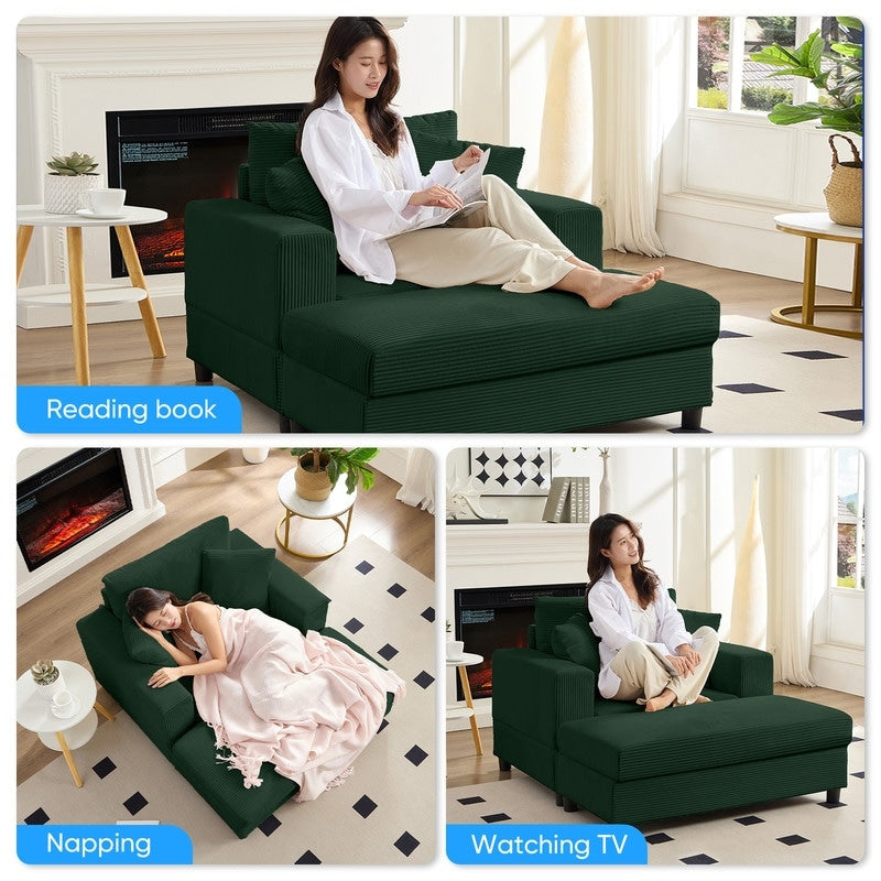 Divano letto Mixoy Corduroy Comfy Chaise Longue con seduta profonda e pouf contenitore, divano imbottito a 1 posto/divano a due posti