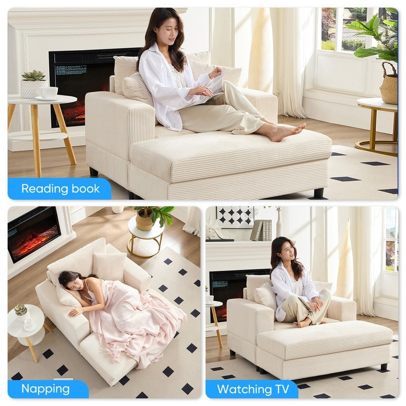 Divano letto Mixoy Corduroy Comfy Chaise Longue con seduta profonda e pouf contenitore, divano imbottito a 1 posto/divano a due posti