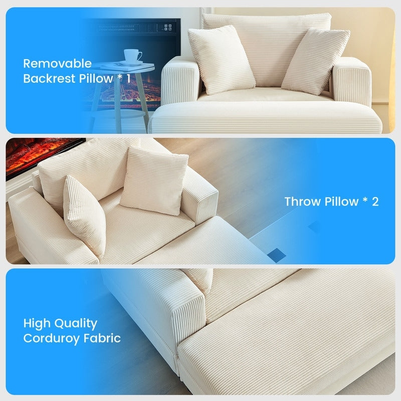 Divano letto Mixoy Corduroy Comfy Chaise Longue con seduta profonda e pouf contenitore, divano imbottito a 1 posto/divano a due posti