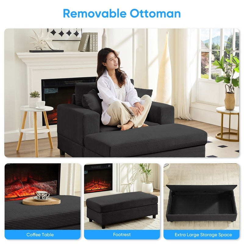 Divano letto Mixoy Corduroy Comfy Chaise Longue con seduta profonda e pouf contenitore, divano imbottito a 1 posto/divano a due posti