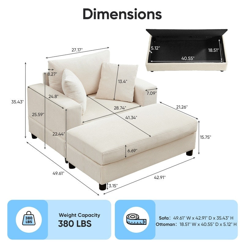 Divano letto Mixoy Corduroy Comfy Chaise Longue con seduta profonda e pouf contenitore, divano imbottito a 1 posto/divano a due posti