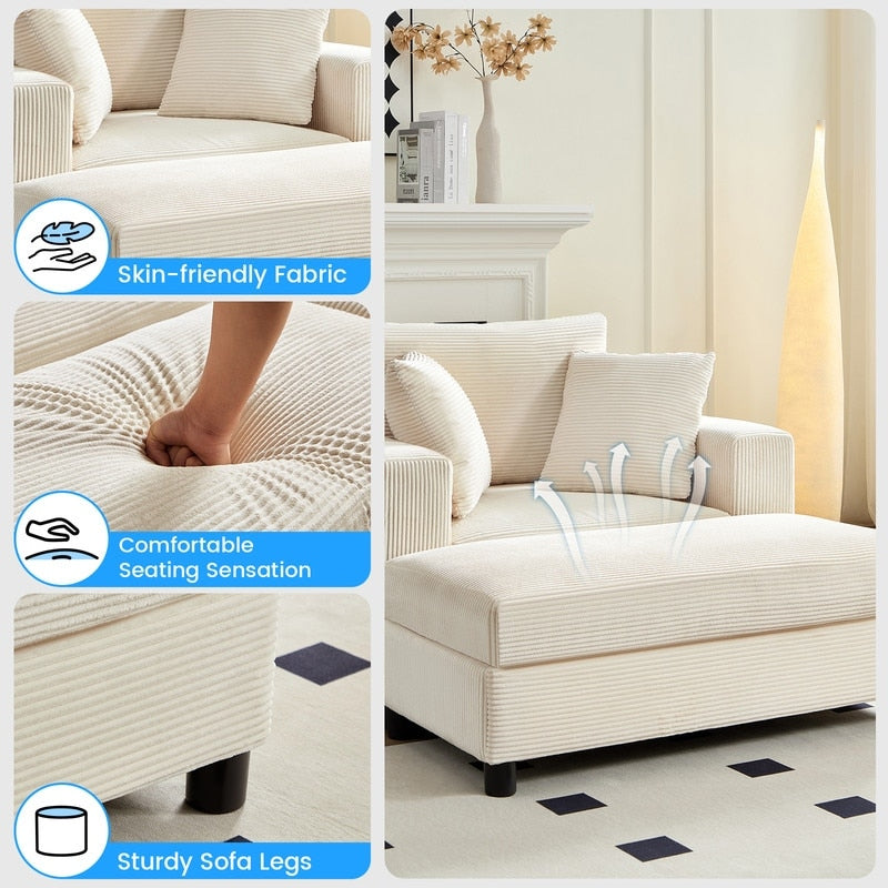 Divano letto Mixoy Corduroy Comfy Chaise Longue con seduta profonda e pouf contenitore, divano imbottito a 1 posto/divano a due posti