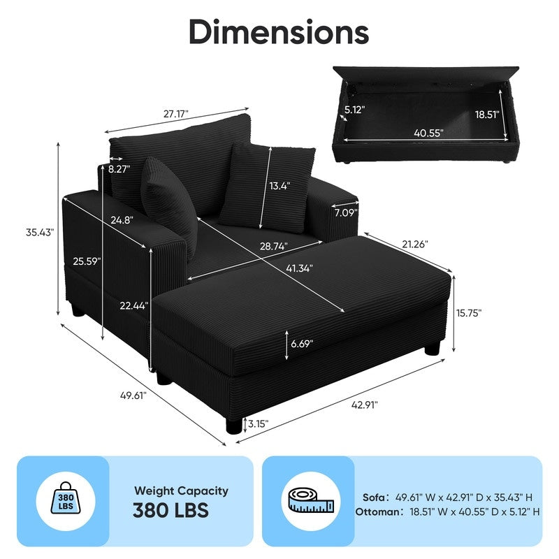 Divano letto Mixoy Corduroy Comfy Chaise Longue con seduta profonda e pouf contenitore, divano imbottito a 1 posto/divano a due posti