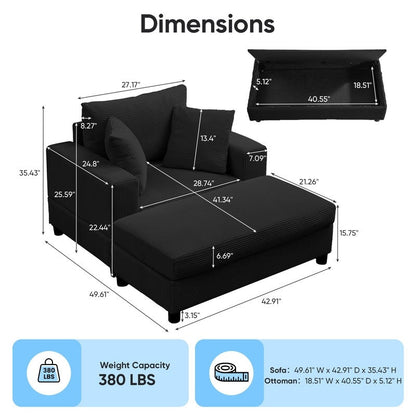 Divano letto Mixoy Corduroy Comfy Chaise Longue con seduta profonda e pouf contenitore, divano imbottito a 1 posto/divano a due posti