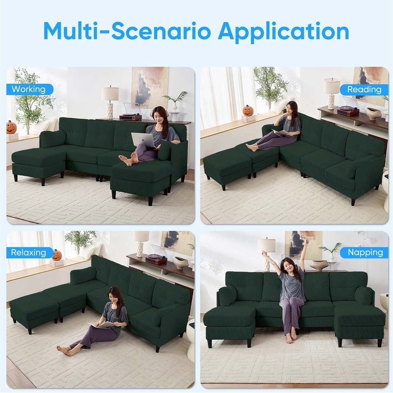 Divano componibile modulare convertibile a forma di U in velluto a coste Mixoy, divano imbottito a 4 posti con pouf mobile