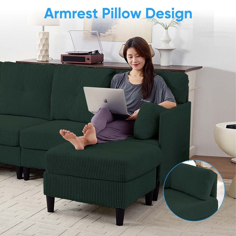 Divano componibile modulare convertibile a forma di U in velluto a coste Mixoy, divano imbottito a 4 posti con pouf mobile