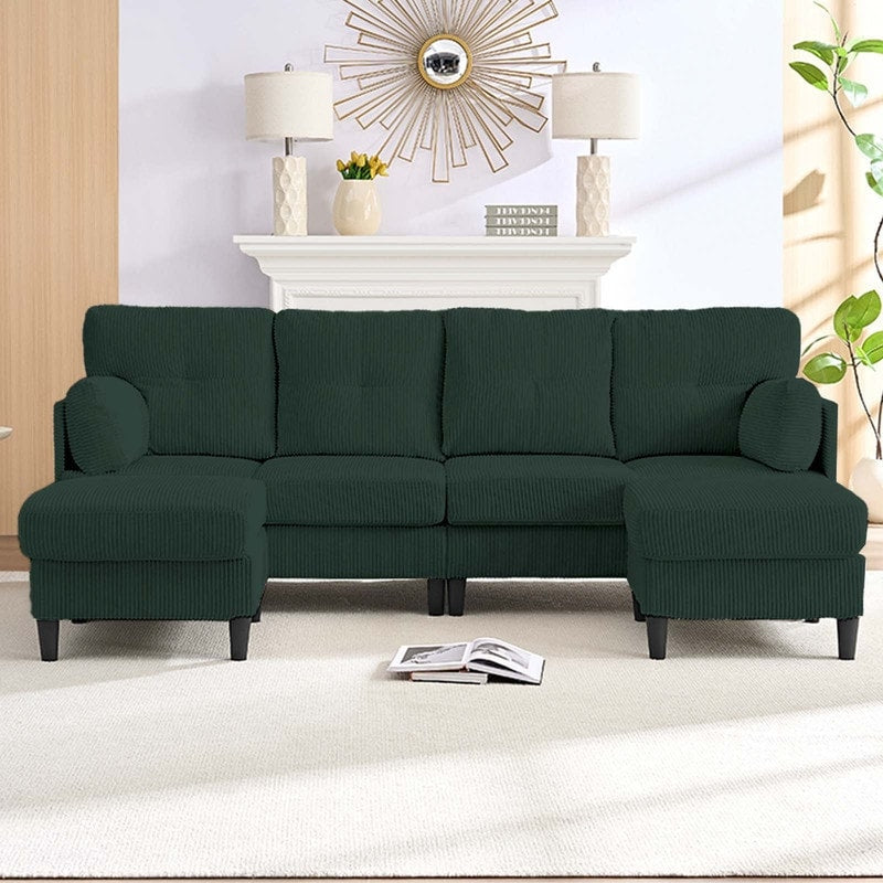 Divano componibile modulare convertibile a forma di U in velluto a coste Mixoy, divano imbottito a 4 posti con pouf mobile