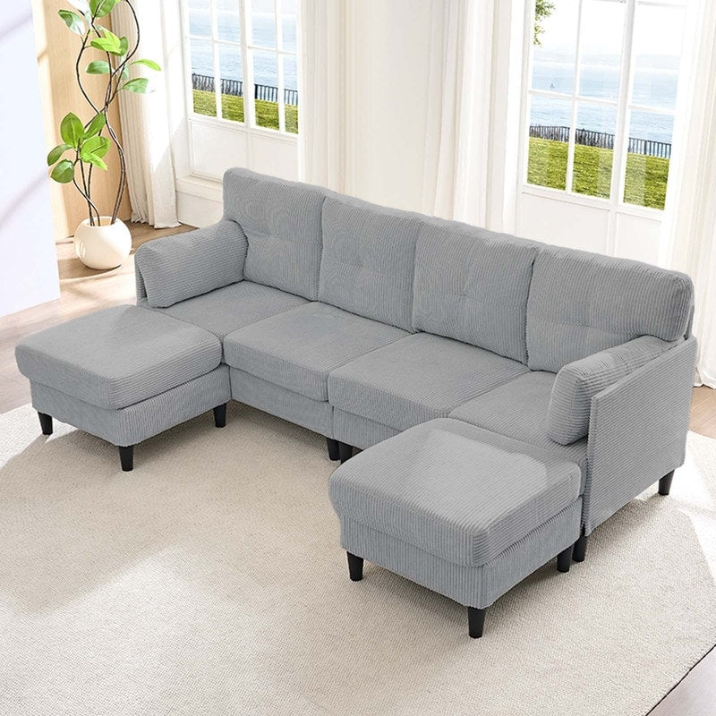 Divano componibile modulare convertibile a forma di U in velluto a coste Mixoy, divano imbottito a 4 posti con pouf mobile