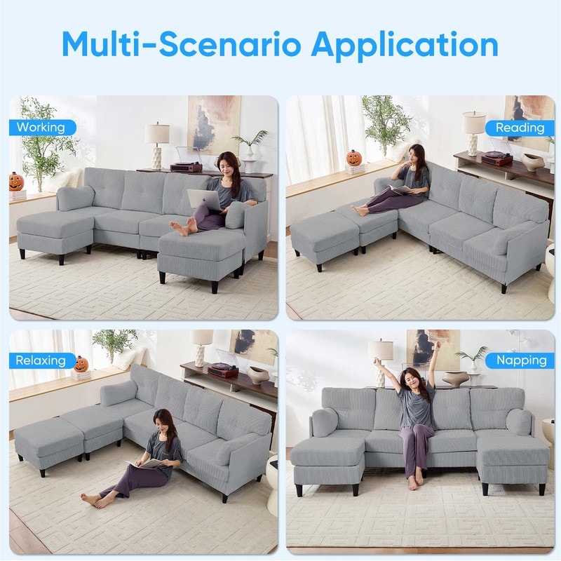 Divano componibile modulare convertibile a forma di U in velluto a coste Mixoy, divano imbottito a 4 posti con pouf mobile