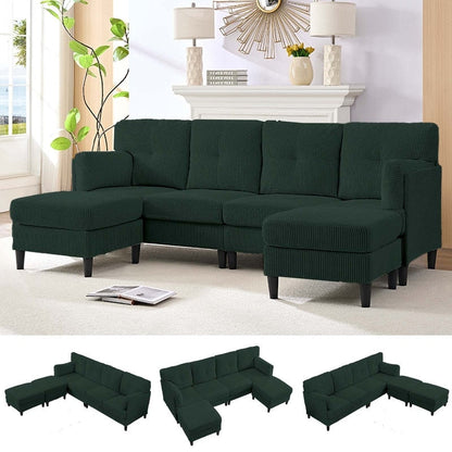 Divano componibile modulare convertibile a forma di U in velluto a coste Mixoy, divano imbottito a 4 posti con pouf mobile