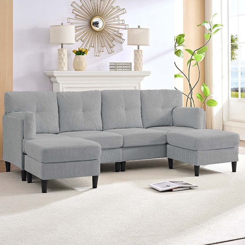 Divano componibile modulare convertibile a forma di U in velluto a coste Mixoy, divano imbottito a 4 posti con pouf mobile