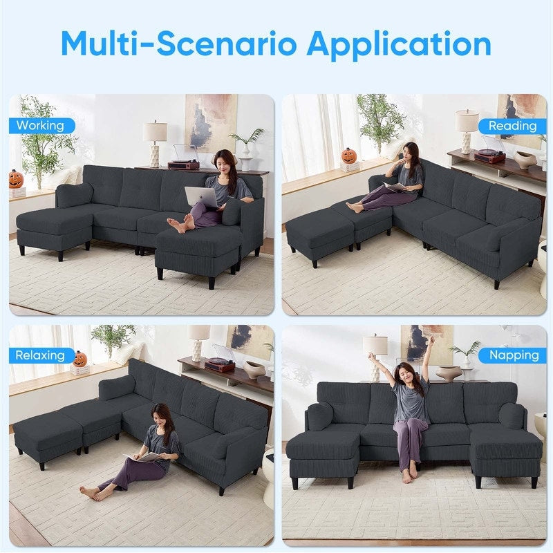 Divano componibile modulare convertibile a forma di U in velluto a coste Mixoy, divano imbottito a 4 posti con pouf mobile