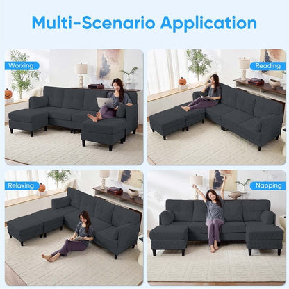Divano componibile modulare convertibile a forma di U in velluto a coste Mixoy, divano imbottito a 4 posti con pouf mobile